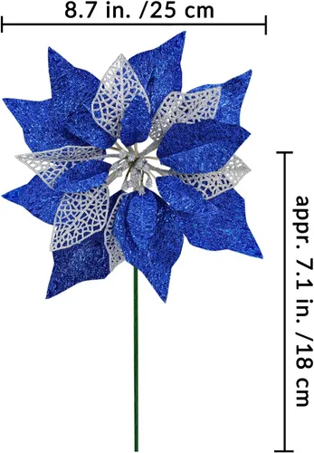 Vista 3 de Juego de 14 flores de Pascua de 8.7 pulgadas de ancho, 4 capas de flores de pascua con purpurina azul para árbol de Navidad, coronas, guirnaldas