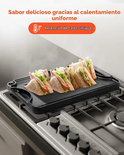 Vista 7 de VEVOR Parrilla/plancha reversible, plancha de hierro fundido pre-sazonada de 14 x 8.5 pulgadas, sartén rectangular portátil con asa, utensilios