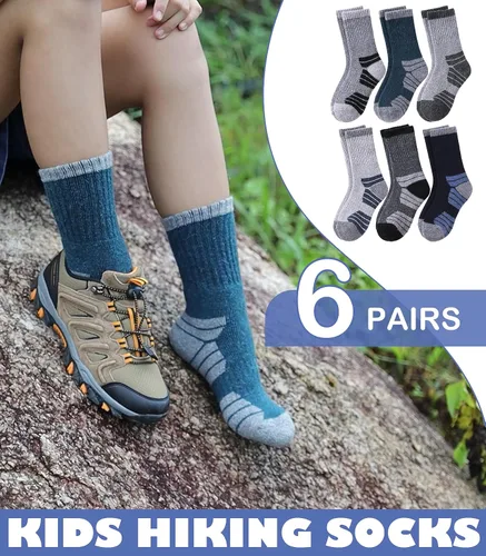 Vista 4 de LINEMIN Calcetines de senderismo de lana merino para niños y niñas, cálidos, gruesos, térmicos, acolchados, para invierno, 6 pares
