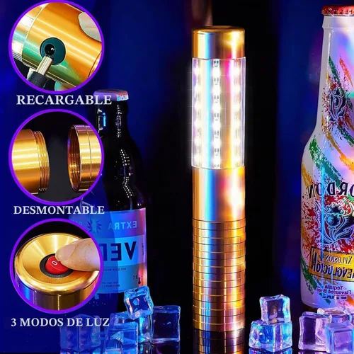 Vista 2 de Luz estroboscópica LED de bastón, 4 piezas, servicio de botellas, luces de barra recargable, botella de champán, LED de mano para escenario Dorado