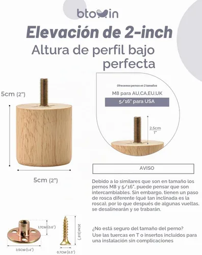 Vista 5 de Patas para muebles de moño de madera maciza de 2 pulgadas, 4