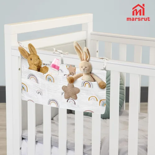 Vista 5 de Bolsa organizadora de almacenamiento colgante para cuna, bolsillo para cunas de bebé, material de algodón, bolsas multifuncionales para organizar