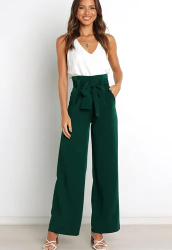 Vista 2 de ebossy Pantalones palazzo elásticos de cintura alta para mujer, pierna ancha, casual, elegante, para negocios, fiesta, pantalones largos con cinturón