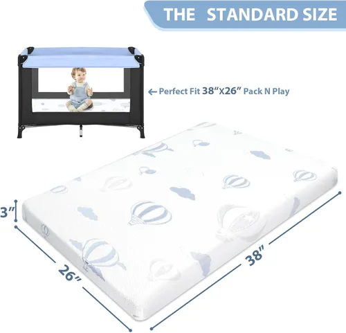 Vista 3 de Colchón Pack and Play, 38 x 26 pulgadas, Pack N Play, con funda extraíble transpirable, colchón portátil plegable de espuma viscoelástica de doble