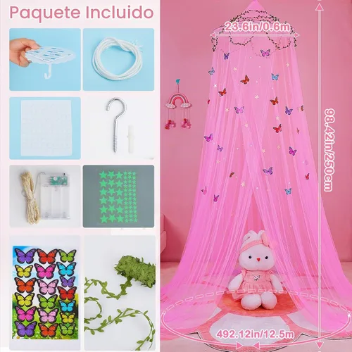Vista 6 de FIOBEE Toldo de Cama para Habitación de Niñas, Cortinas de Dosel con Luces LED, Mosquitero con Red de Malla, Decoración DIY de Habitación