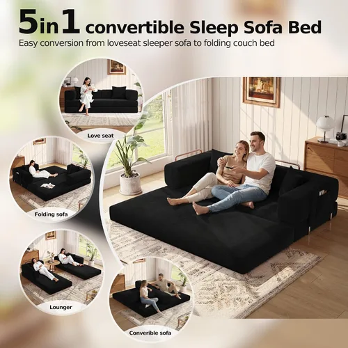 Vista 8 de MoonSpeak Sofá cama de 78.8 pulgadas para sala de estar, sofá modular convertible con almohada para reposabrazos, sofás modulares plegables de pana