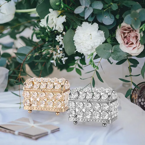 Vista 8 de ELLDOO Joyero de cristal, caja organizadora de aretes, anillos, decoración del hogar, caja decorativa con tapa, regalo dorado para San Valentín