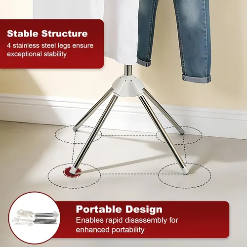 Vista 4 de Estante de secado de ropa, 68.9 pulgadas, 2 niveles, plegable, con 3 brazos giratorios para perchas y clips, de acero inoxidable, para interiores