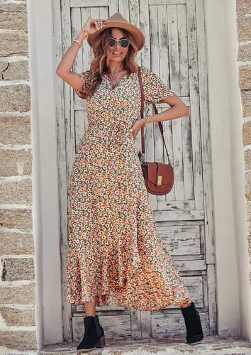 Vista 3 de PRETTYGARDEN - Vestido largo de verano cruzado para mujer, con cuello en V, estilo bohemio, floral, manga corta, dobladillo con volantes