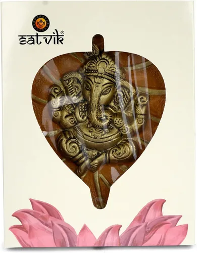 Vista 5 de SATVIK - 1 pieza de hoja amarilla de Lord Ganesh Patta Ganpati ídolo para colgar en la pared, estatua hindú de buena suerte, escultura de cara