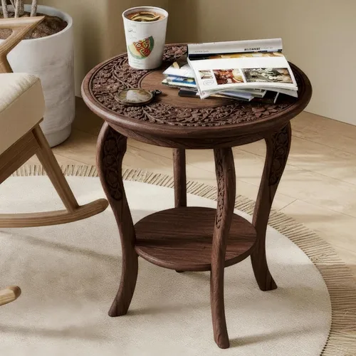 Vista 8 de Mesa auxiliar de madera de mango tallada a mano – Mesa auxiliar redonda de pedestal de 18 x 22 pulgadas para sala de estar, mesita de noche