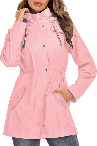 Vista 11 de Kikibell Chaqueta de lluvia para mujer con capucha, con forro a rayas, ligera, impermeable para exteriores, cortavientos Verde militar
