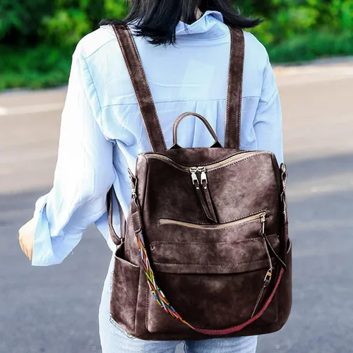 Vista 2 de Mochila de cuero para mujer, grande, diseño de viaje, bolso convertible para la universidad, 3- marrón, Mochila casual de gran capacidad para mujer