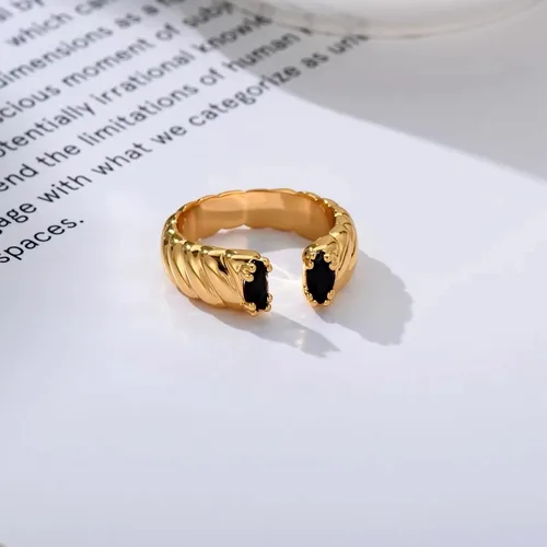 Vista 8 de Anillo trenzado de acero inoxidable chapado en oro vintage con circonita cúbica ovalada, ajustable, para mujer