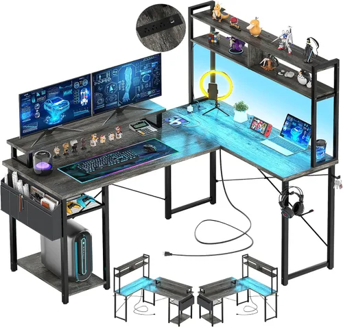 Vista 9 de Aheaplus Escritorio pequeño en forma de L para gaming con luces LED y tomas de corriente, escritorio reversible en forma de L para computadora