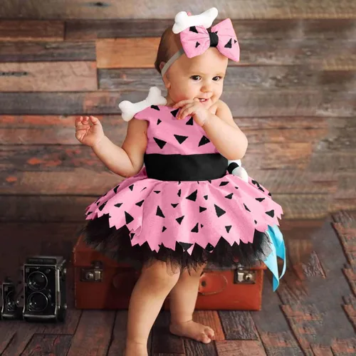Vista 6 de AFEWGKID Disfraz de guijarros de Halloween para niñas pequeñas, vestido de tul de malla para niñas, niños, fiesta, sesión de fotos