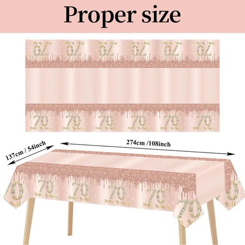 Vista 2 de Pack de 3 manteles de cumpleaños número 70 para mujer, rosado y dorado, mantel de plástico desechable rectangular para fiesta de cumpleaños número