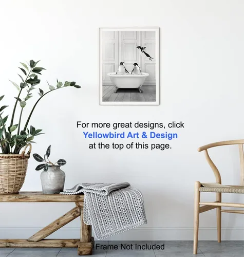 Vista 6 de Arte de pared de baño, decoración de pared de baño, decoración negra divertida, baño de invitados, ilustraciones de baño, regalos de pingüinos