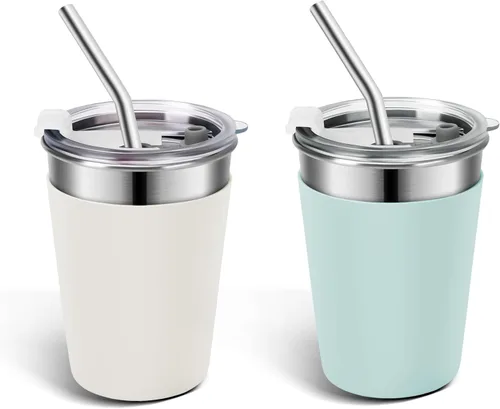 Vista 8 de Ymmy Sam - 2 vasos de acero inoxidable con pajitas de silicona, vasos de 12 onzas a prueba de derrames, aptos para lavavajillas, vasos de metal 2