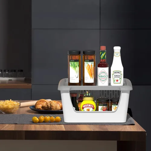 Vista 5 de Morcte Paquete de 5 cestas de almacenamiento apilables de plástico con tapas, cesta organizadora apilable con ruedas, color gris Stacking