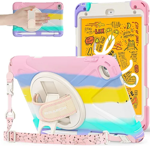 Vista 14 de BRAECNstock para Apple iPad mini 5/4 Funda 2019/2015 19,9 cm, Funda Protectora a Prueba de Golpes con Soporte para Lápices, Correa Giratoria