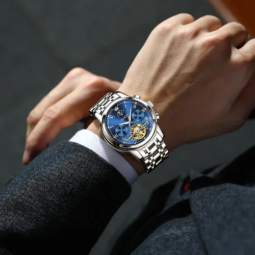 Vista 2 de OLEVS Relojes mecánicos automáticos para hombre, cuerda automática, impermeable, de acero inoxidable, reloj de pulsera de lujo costoso, pulsera