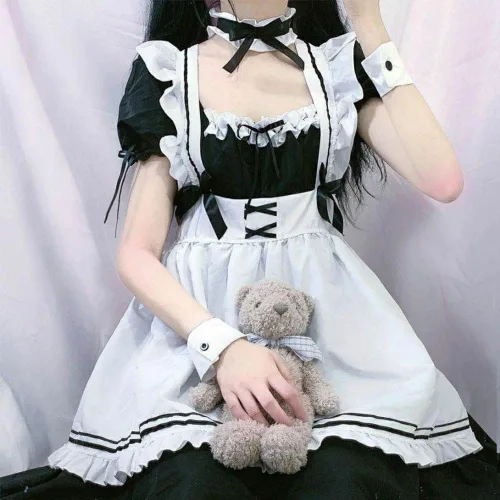 Vista 4 de Conjunto completo de traje de cosplay de sirvienta negra y blanca para mujer