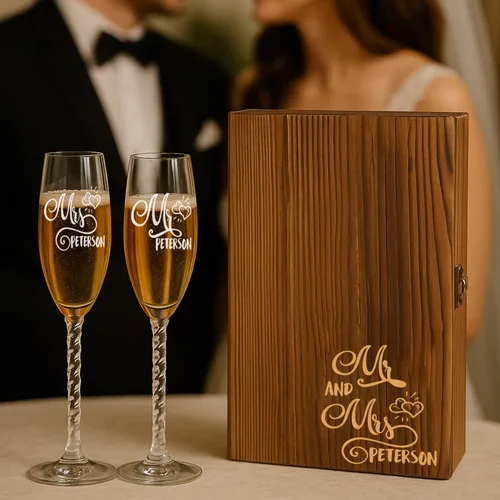 Vista 4 de Mr and Mrs - Juego de copas de champán con caja de madera grabada, elegantes copas de brindis de boda, regalo para novia y novio, compromiso