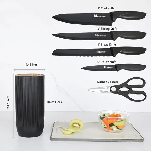 Vista 3 de Juego de 6 cuchillos de cocina negros con bloque, acero inoxidable antiadherente, cuchillos antioxidantes para cocinar, rebanar y hornear, perfecto