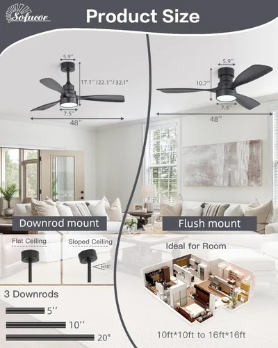 Vista 5 de Sofucor Ventiladores de Techo de 48 Pulgadas con Luces y Control Remoto - Ventilador de Techo Moderno de Montaje al Ras y Montaje con Varilla