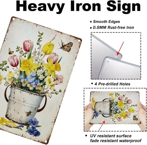 Vista 3 de Letrero de metal con flores vintage de 0.79 x 1.18 pulgadas, narcisos retro, tulipán, cubeta de hierro, póster de arte de pared para habitación