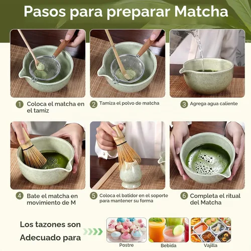 Vista 7 de Juego de 10 batidores de matcha, kit tradicional japonés de matcha con batidor de bambú, cuenco de cerámica para matcha con boquilla de vertido, kit