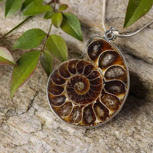 Vista 2 de gemhub Collar con colgante de plata de ley 925 de caracol fósil de amonita de piedra natural para mujeres y hombres, regalo del día de San Valentín