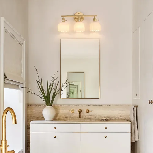 Vista 164 de Shenmoyl Lámparas de baño, lámpara de pared de 2 luces para tocador sobre espejo con pantalla de vidrio tulipán blanco para dormitorio, sala