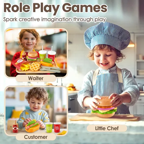 Vista 4 de Juego de Comida de Simulación para Cocina Infantil, Juego de Hamburguesas de Comida Rápida de Madera, Juguetes de Comida para Cocina de Simulación