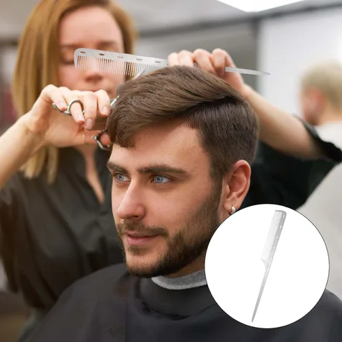 Vista 6 de Peine de cola de rata de metal con púa de metal, peines de pelo de acero inoxidable, parte superior plana, peines de corte fino, peine de peluquero