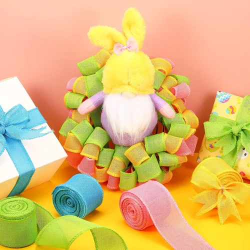Vista 7 de 4 rollos de cintas de arpillera de Pascua con alambre, cinta de borde sólido con alambre, cinta de arpillera, cinta de arpillera con alambre