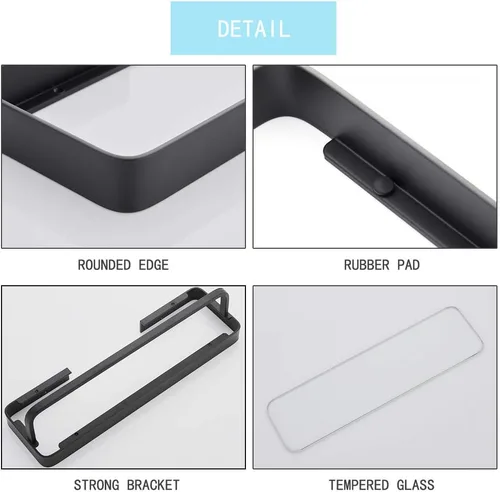 Vista 5 de Estante de vidrio templado para baño de 15.7 pulgadas con toallero, organizador de ducha de aluminio montado en la pared, gabinete de almacenamiento