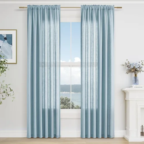 Vista 35 de Cortinas de lino verde aguamarina de 84 pulgadas de largo, juego de 2 paneles semitransparentes con bolsillo para barra para comedor, decoración