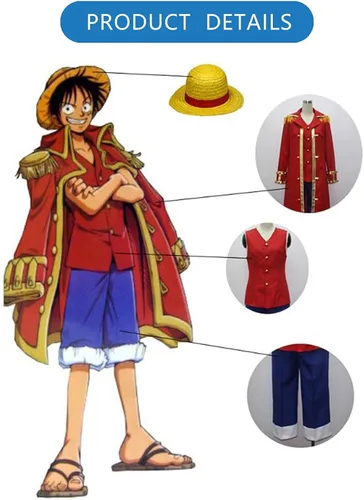 Vista 4 de Mono de una pieza D Luffy Capitán Cosplay Anime traje uniforme capa traje con sombrero de paja