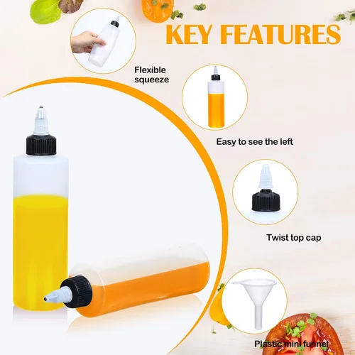 Vista 3 de Honeydak 30 botellas de plástico Boston de 8.5 onzas para salsa, dispensador de condimentos vacío con tapa giratoria y 2 embudos, ideal para salsa