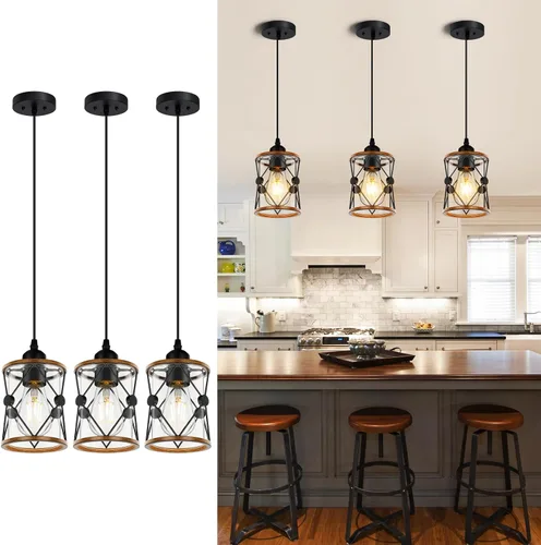 Vista 11 de Lámpara colgante de granja, luces colgantes rústicas negras para isla de cocina, iluminación de techo colgante industrial sobre mesa con pantalla