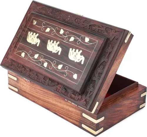 Vista 6 de Ajuny Joyero de madera de 8 x 5 Diseño de elefante hecho a mano con incrustaciones de latón, organizador de recuerdos y baratijas decorativo
