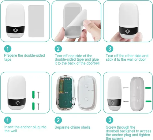 Vista 7 de TTJ Timbre inalámbrico con timbre Doobell, timbre de aula, rango de 1300 pies, configuración de 2 minutos, luces LED, IP55 impermeable, ajuste