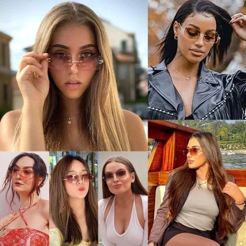 Vista 5 de KAMMPT Gafas de sol sin montura para mujeres y hombres lentes teñidas de metal dorado sin marco unisex rectángulo lentes