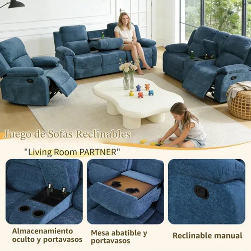 Vista 3 de Juego de sofá reclinable manual, juego de sofá reclinable de tela para sala de estar Azul/claro