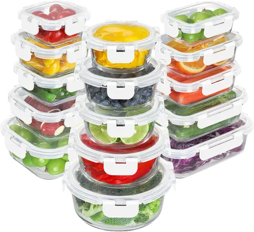 Vista 13 de BAYZZ Juego de 30 piezas de recipientes de vidrio para almacenamiento de alimentos, recipientes de vidrio para preparación de comidas con tapas