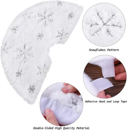 Vista 3 de URATOT Paquete de 2 minifaldas de árbol de Navidad de 15 pulgadas, color blanco con tapete de árbol de copo de nieve plateado, falda de árbol