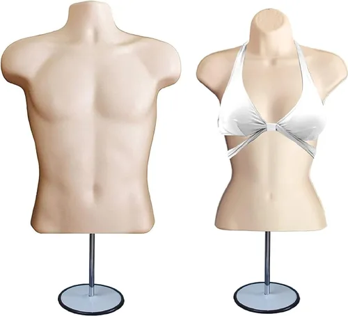 Vista 35 de Maniquí de torso masculino y femenino con soporte de metal, cuerpo con respaldo hueco, apilable, forma de vestido para exhibición de camisetas Negro