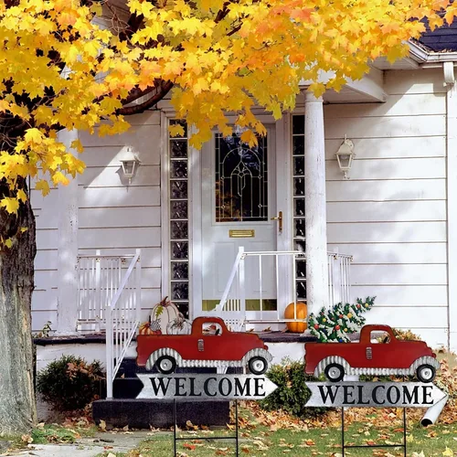 Vista 3 de Cartel de bienvenida intercambiable de metal rojo para camioneta, con carga con calabaza, árbol de Navidad, decoración de temporada de jardín